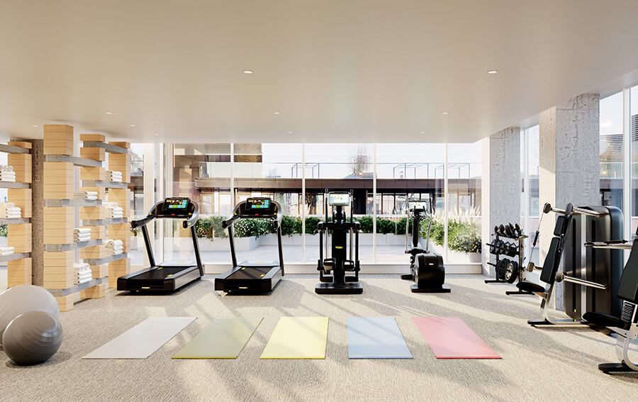 416 Kent - Bright Fitness Center with Exercise Machines, Weights, Pastel Yoga Mats, Balls and Outdoor View