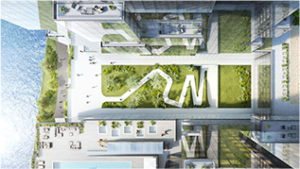 A rendering of an aerial view of 420 Kent's courtyard