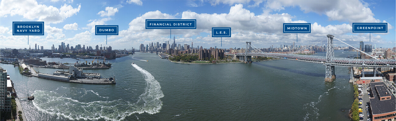 View of from left: Brooklyn Navy Yard, Dumbo, Financial District, L.E.S., Midtown, and Greenpoint
