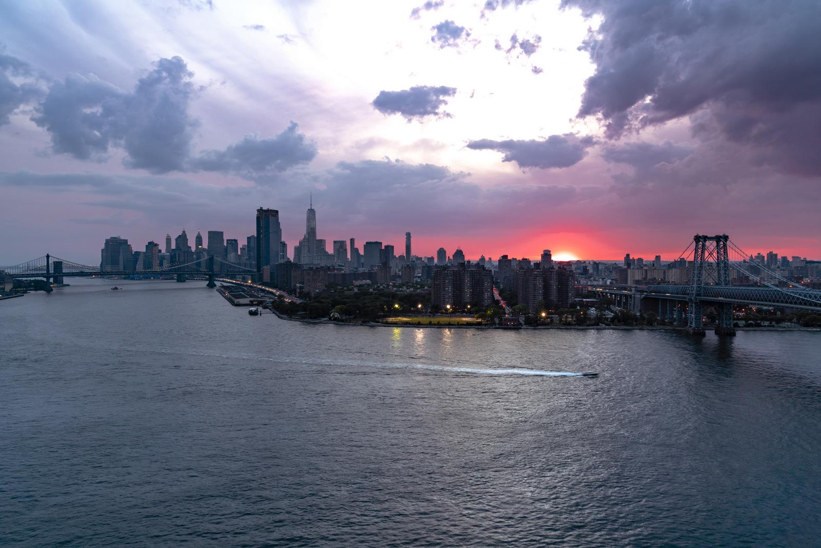 Sunset View of River, City and Williamsburg and Brooklyn Bridges