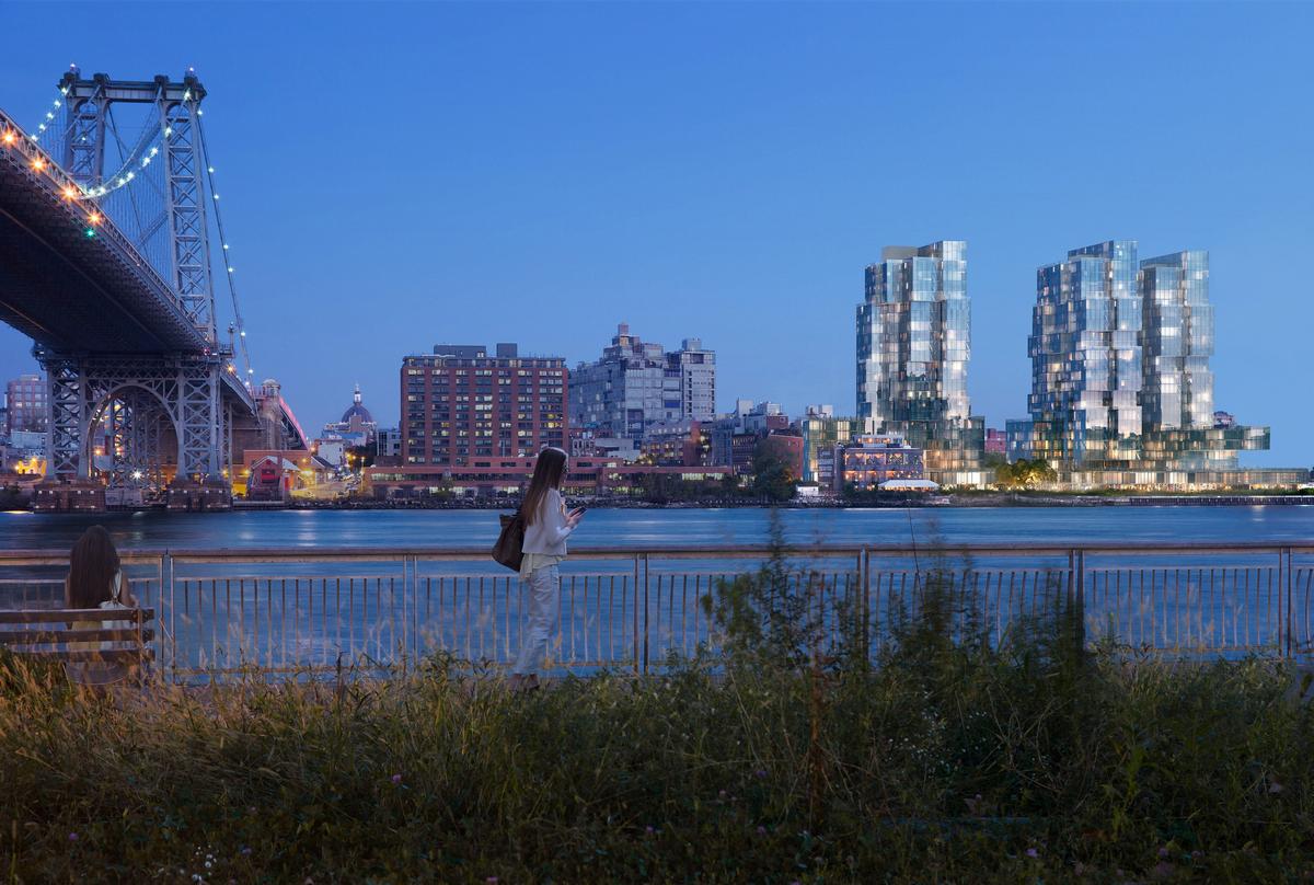 420 Kent View from Across the River at Evening Time with Girl Walking and part of Williamsburg Bridge in View